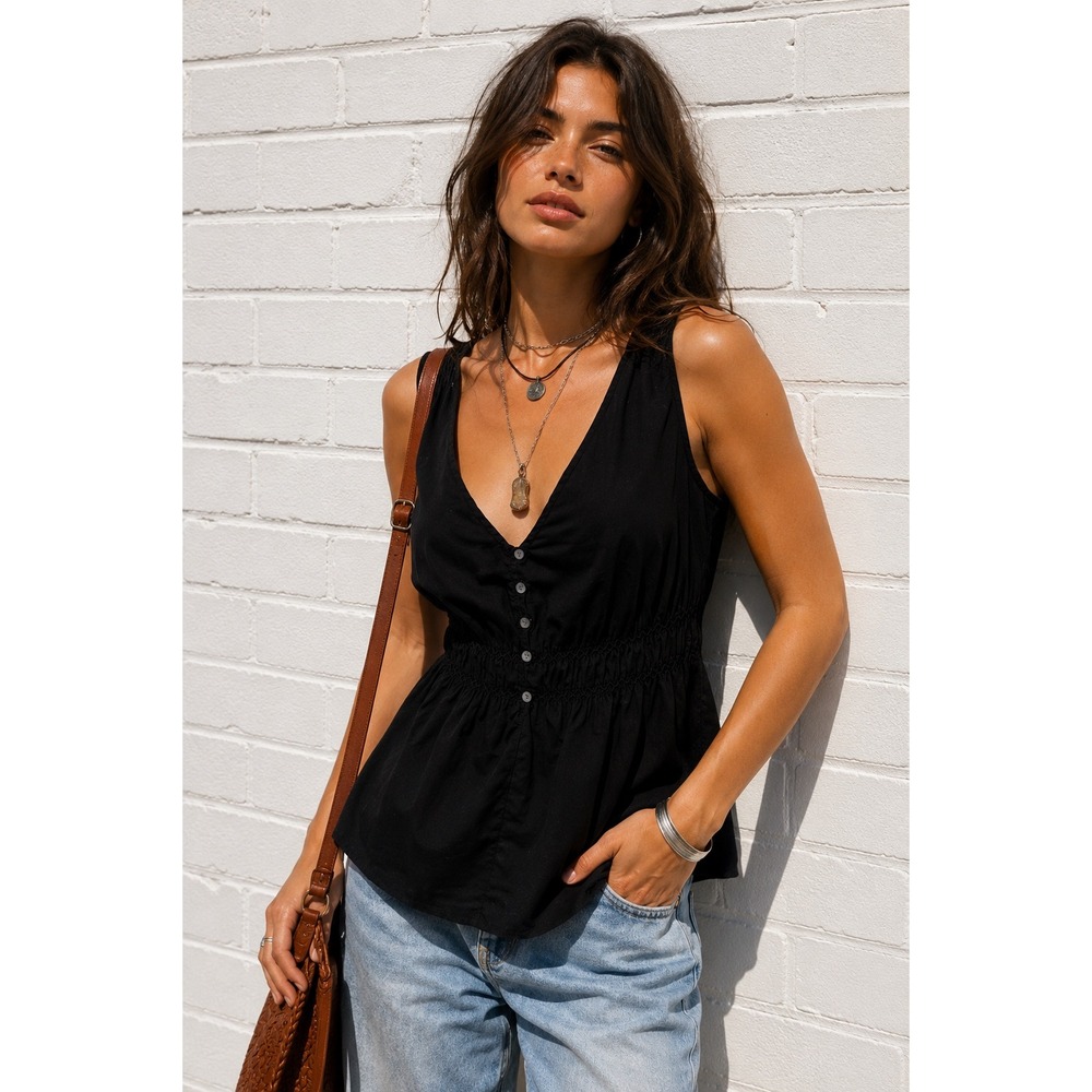 Vintage GAP Black Cotton Button Front Babydoll Tank Y2K Boho Top M